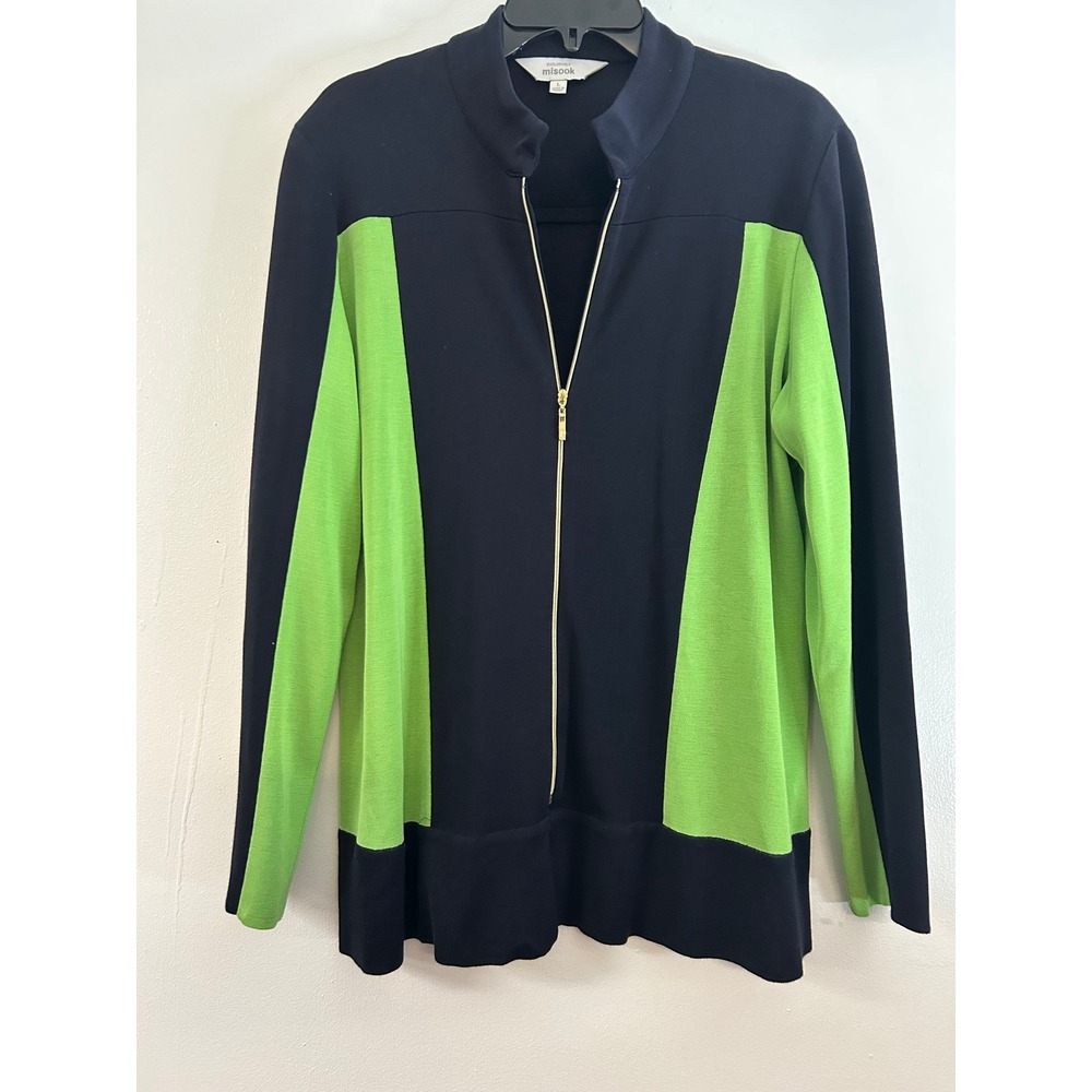 Misook CardiganBlack Lime Green Colorblock Gold Zip Front Knit Sweater Size L